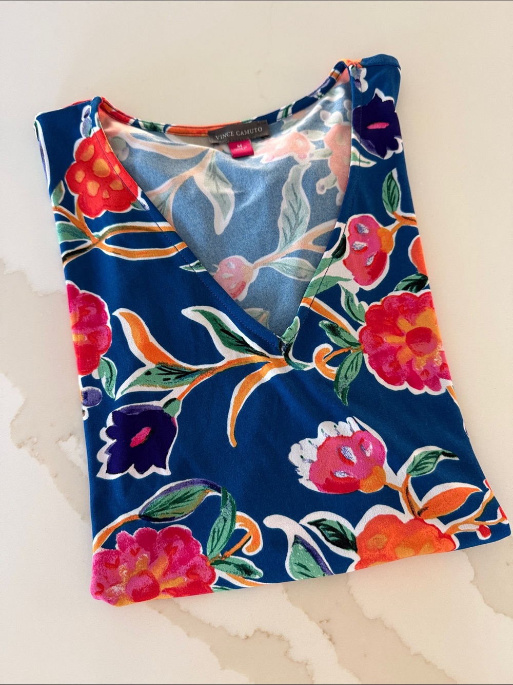 Vince Camuto Royal Blue V-Neck Short Sleeve Top with Pink & Orange Flowers